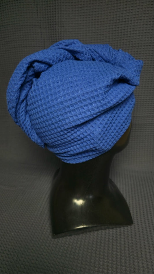 Plaukų rankšluostis Turbanas su sagomis, vafliniu pynimu / rugiagėlių mėlyna