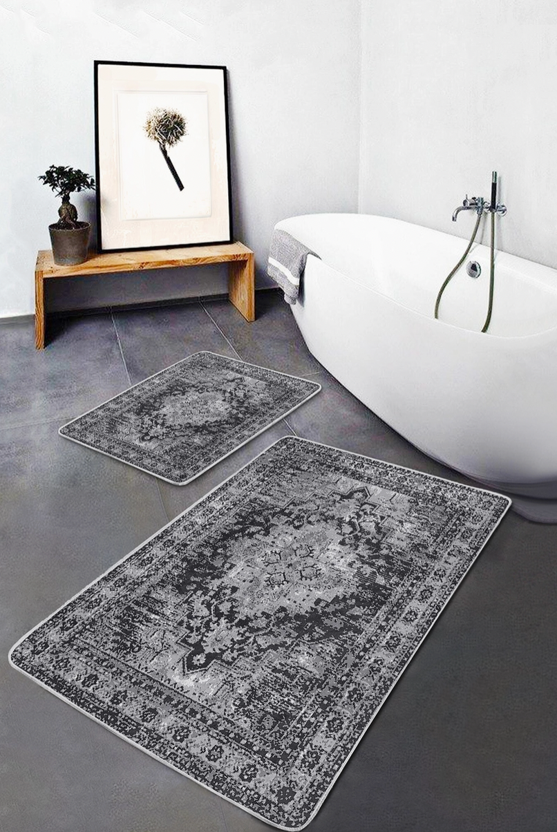 Pelēks bohēmiska stila vannas istabas paklājiņš - 2 gab.