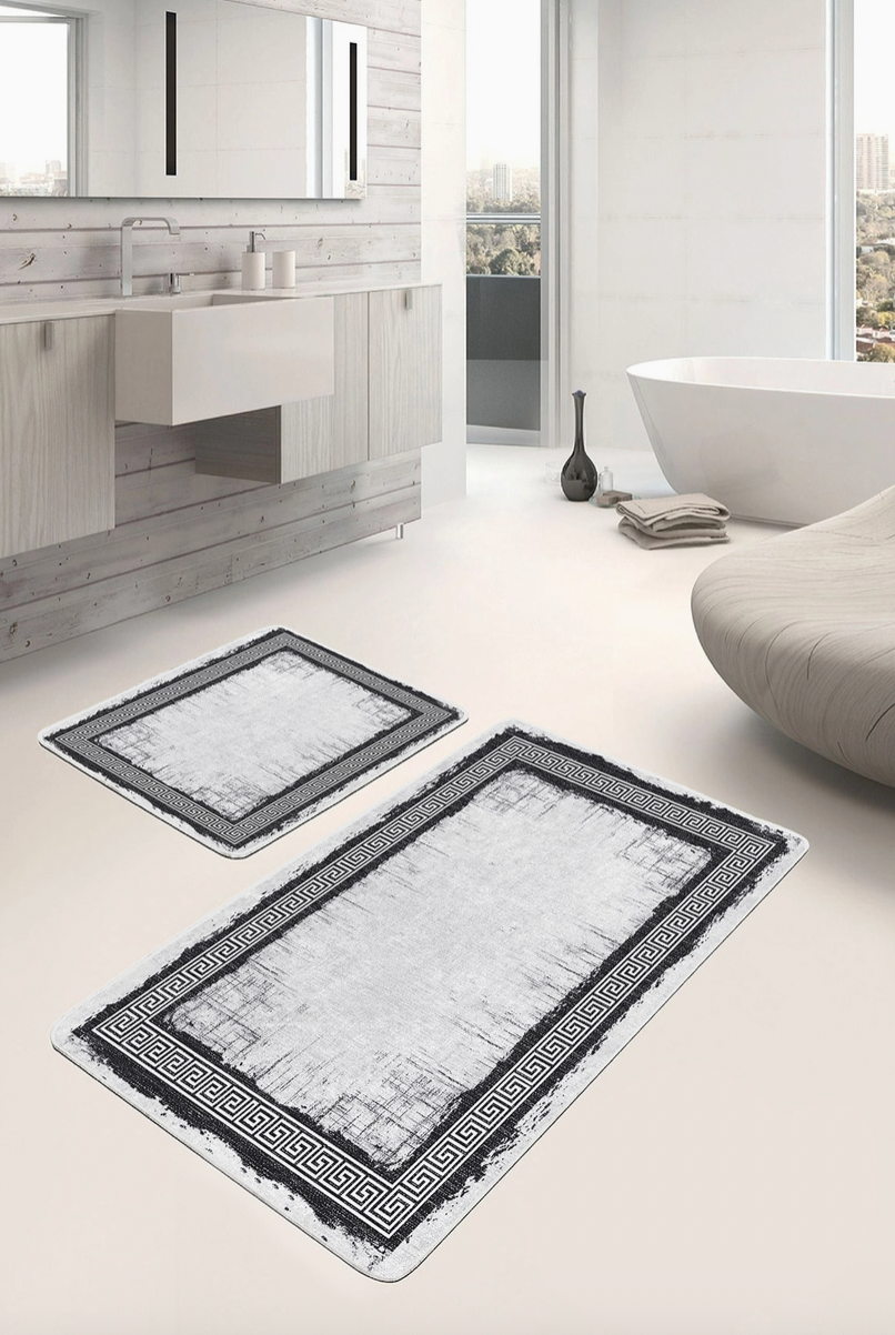 Stylish Gray Greek Key Pattern 2 Piece Bath Mat Set