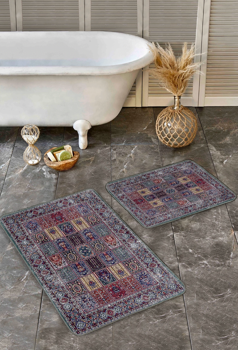 Набор из двух ковриков для ванной комнаты с замысловатым узором из плитки в красно-синих тонах