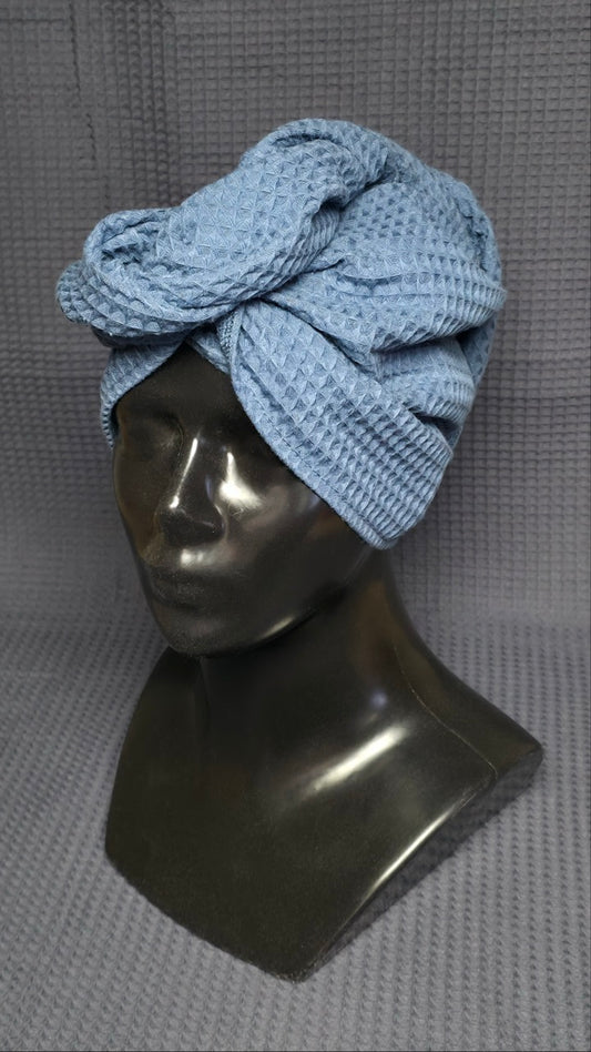 Plaukų rankšluostis Turbanas su sagomis, vafliniu pynimu / melsvai pilka