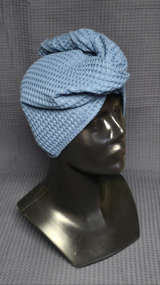 Plaukų rankšluostis Turbanas su sagomis, vafliniu pynimu / melsvai pilka
