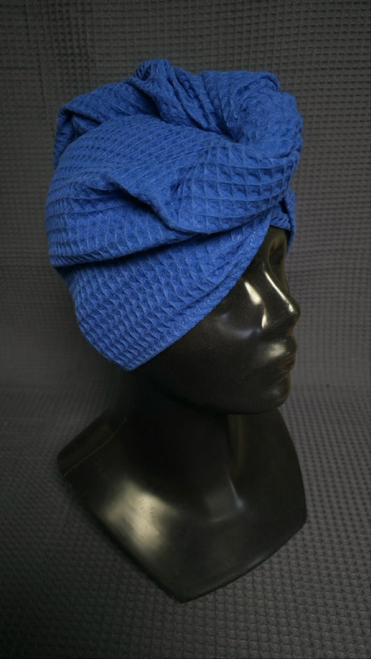 Plaukų rankšluostis Turbanas su sagomis, vafliniu pynimu / rugiagėlių mėlyna