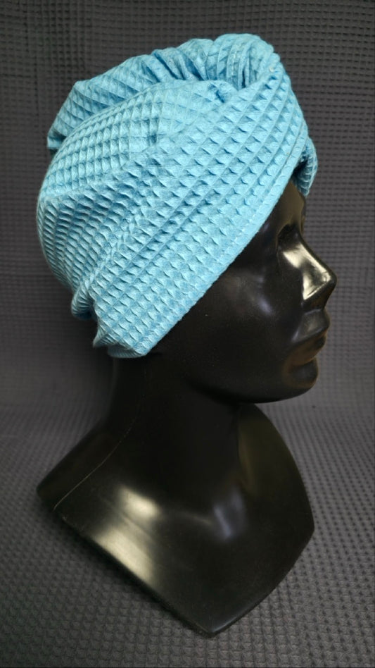Plaukų rankšluostis Turbanas su sagomis, vafliniu pynimu / šviesiai mėlyna