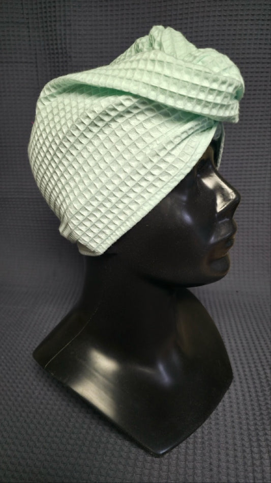 Plaukų rankšluostis Turbanas su sagomis, vafliniu pynimu / mėtų žalia