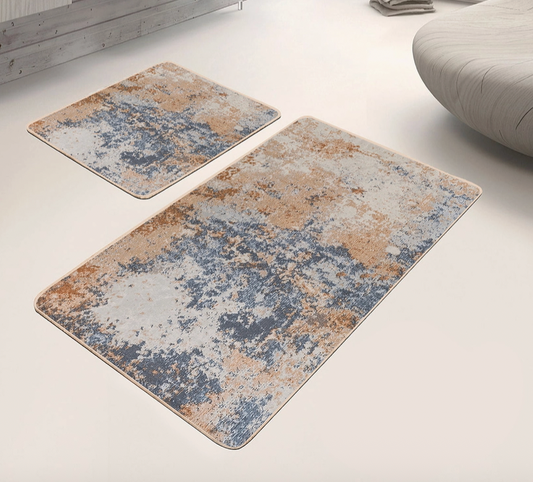 Blue Beige Rustic Look Mat 2 Pieces Bath Mat Set