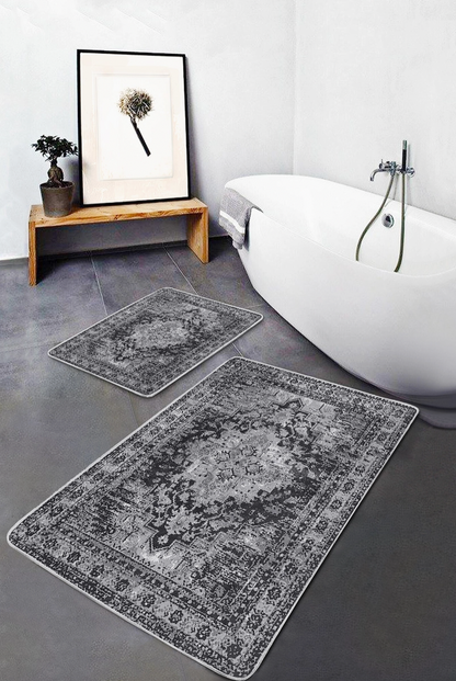 Pelēks bohēmiska stila vannas istabas paklājiņš - 2 gab.