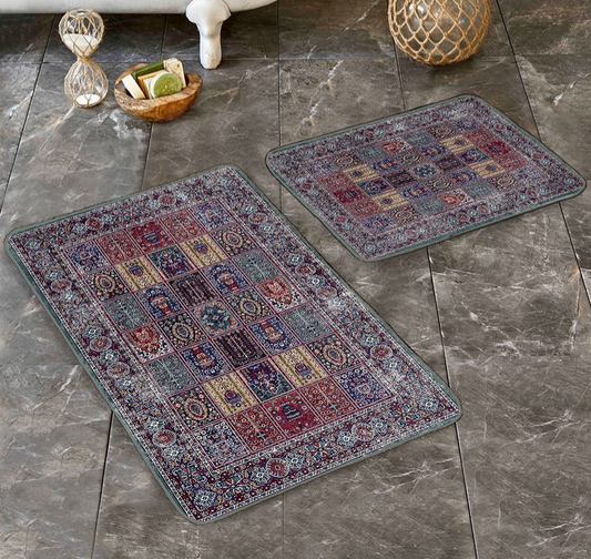 Red Blue Motif Intricate Tile Pattern 2 Piece Bath Mat Set