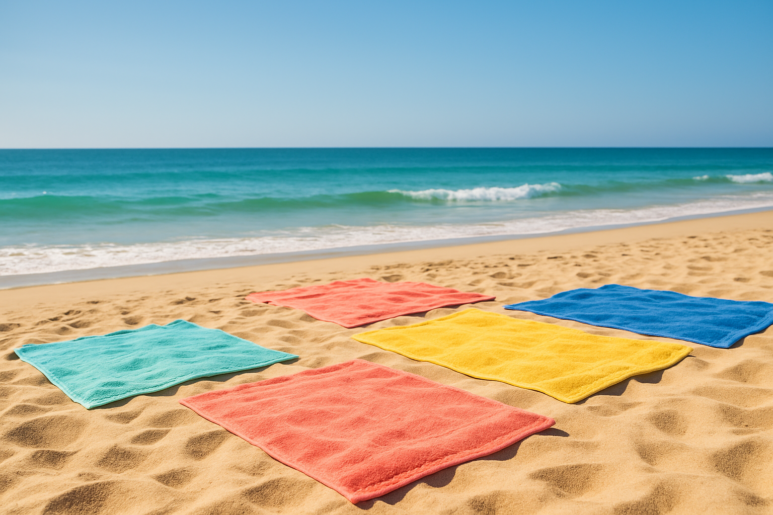 sunny beach with towels in the sand.